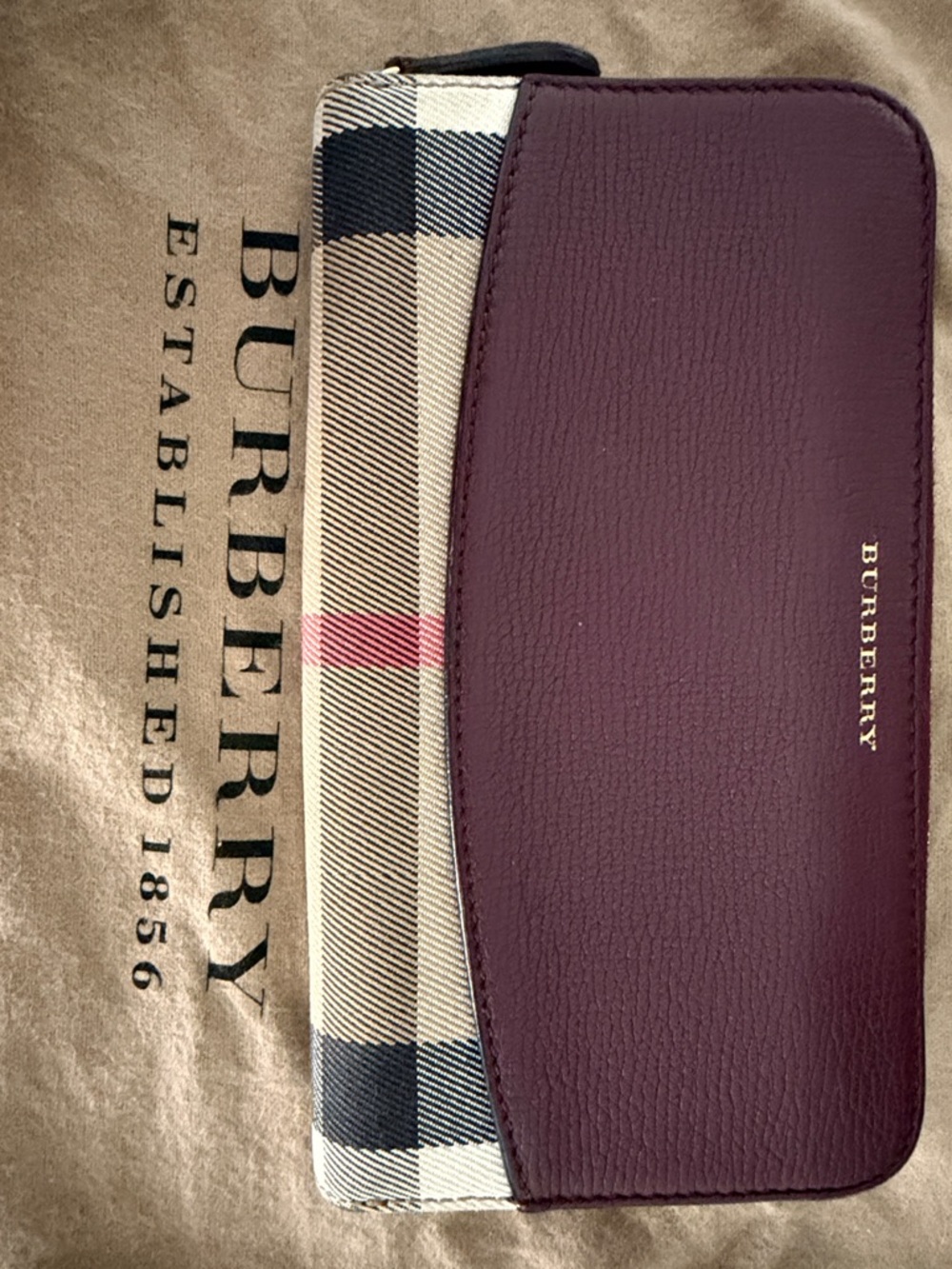Burberry Two-Tone Check Zip Wallet in Burgundy and Beige
